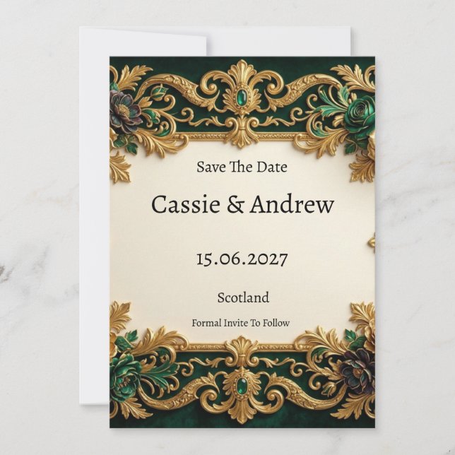 Emerald Gold Baroque Wedding Save The Date (Front)