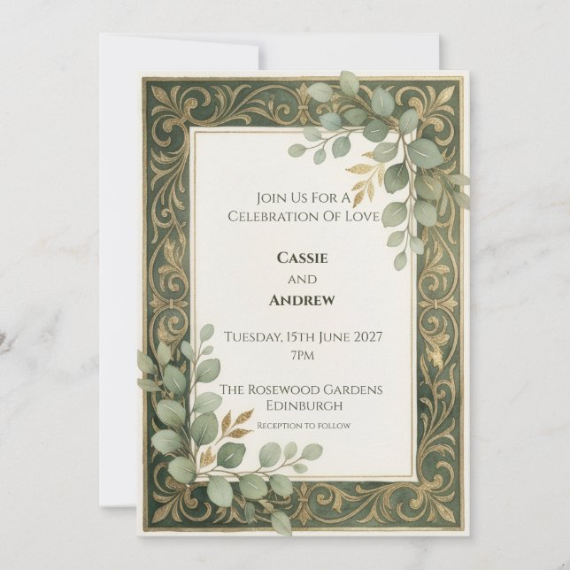 Emerald Gold Botanical Frame Wedding Invitation (Front)