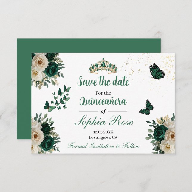 Emerald Gold Butterfly Tiara Quinceañera Save Date Save The Date (Front/Back)