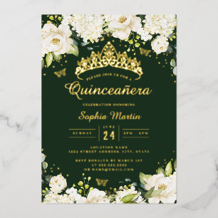 Emerald Gold Champagne Floral Quinceanera 