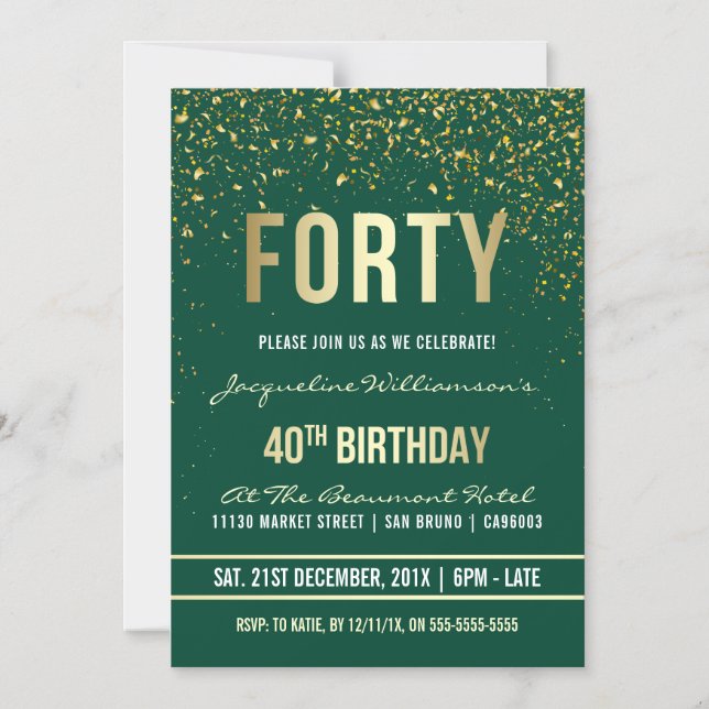 Emerald | Gold Confetti 40th Birthday Party Magnetic Invitation (Front)