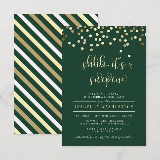 Emerald & Gold Confetti Surprise Birthday Party Invitation (Front/Back)