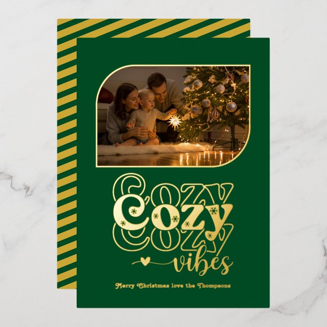 Emerald & Gold Cosy Vibes Retro Christmas Photo Foil Holiday Card (Front/Back)
