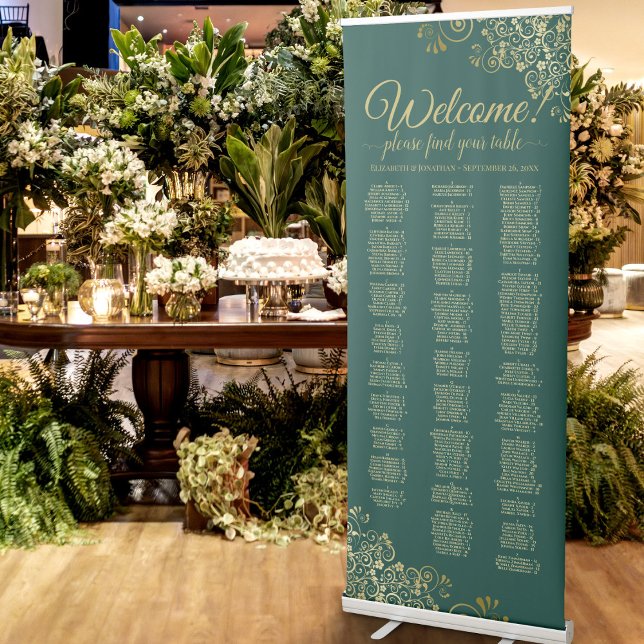 Emerald & Gold Elegant Alphabetical Seating Chart Retractable Banner (Creator Uploaded)