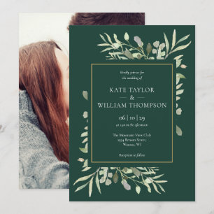 Emerald Gold Elegant Greenery Photo Wedding Invitation