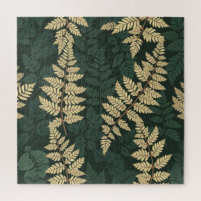 Emerald Gold Fern Forest Pattern Jigsaw Puzzle (Vertical)