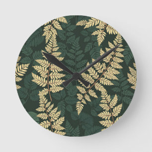 Emerald Gold Fern Forest Pattern Round Clock