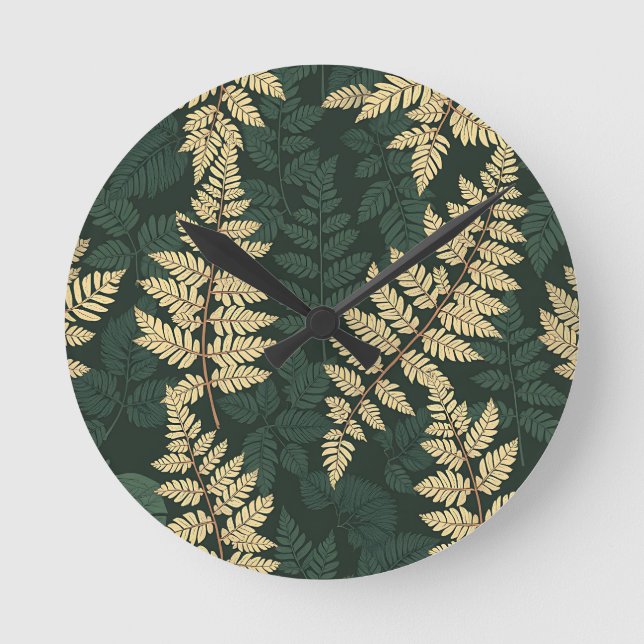 Emerald Gold Fern Forest Pattern Round Clock (Front)