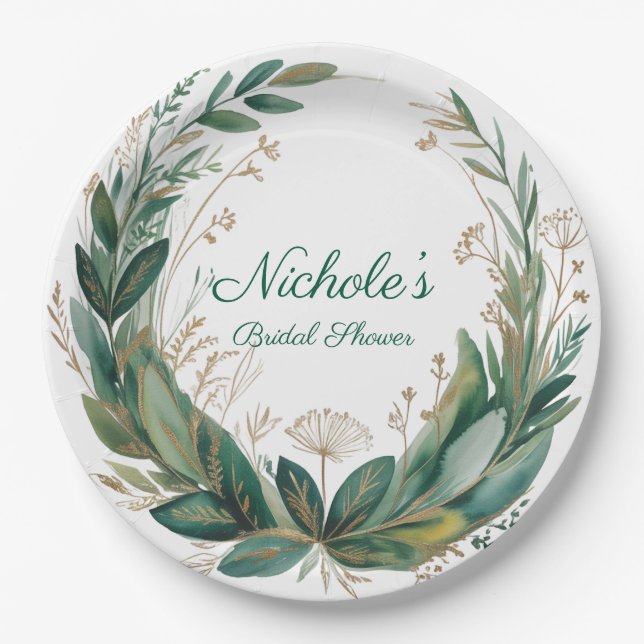 Emerald & Gold Floral Bridal Shower Paper Plate (Front)