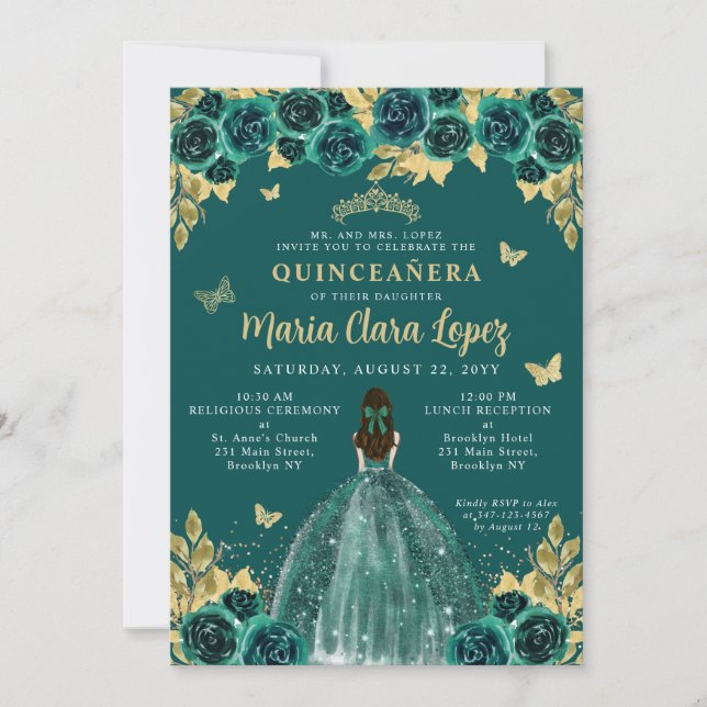 Emerald Gold Floral Butterfly Princess Quinceanera Invitation (Front)