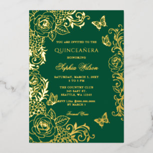 Emerald Gold Floral Butterfly Quinceañera