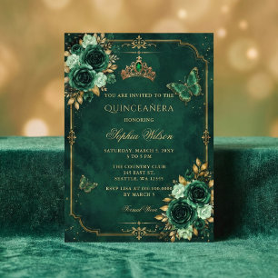 Emerald Gold Floral Butterfly Quinceañera Invitation