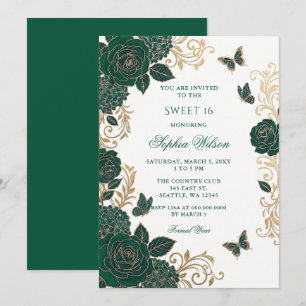 Emerald Gold Floral Butterfly Sweet 16 Invitation