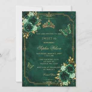 Emerald Gold Floral Butterfly Sweet 16 Photo Invitation