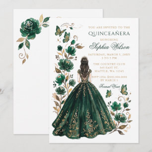 Emerald Gold Floral Princess Butterfly Quinceañera Invitation