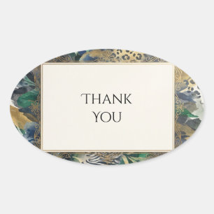 Emerald Gold Floral Thank You Oval Sticker