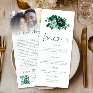 Emerald Gold Florals Love Story Wedding Menu Card