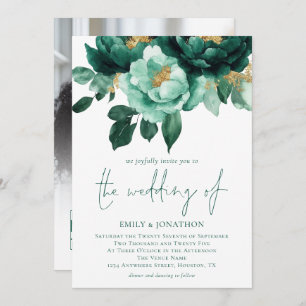 Emerald Gold Florals Photo QR Code Wedding Invitation