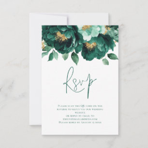 Emerald Gold Florals Script QR Code Wedding RSVP Card