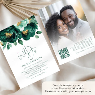 Emerald Gold Flowers Photo QR Code Wedding Invitation