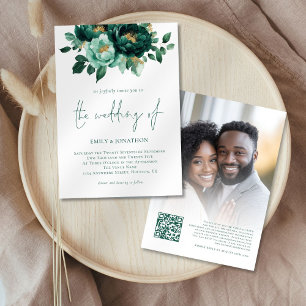 Emerald Gold Flowers Photo QR Code Wedding Invitation