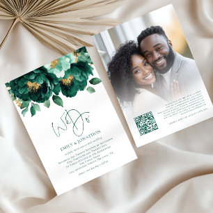 Emerald Gold Flowers Photo QR Code Wedding Invitation