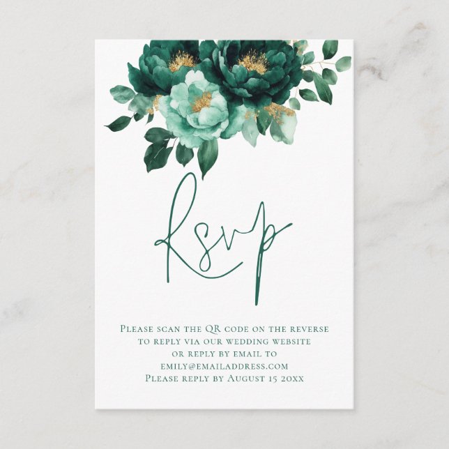 Emerald Gold Flowers Script QR Code Wedding Enclosure Card (Front)