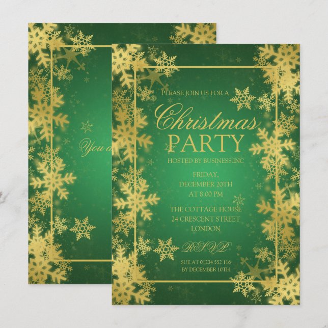Emerald & Gold Foil Snowflakes Christmas Party Invitation (Front/Back)