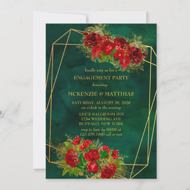 Emerald Gold Geometric Red Floral Engagement Party Invitation (Front)