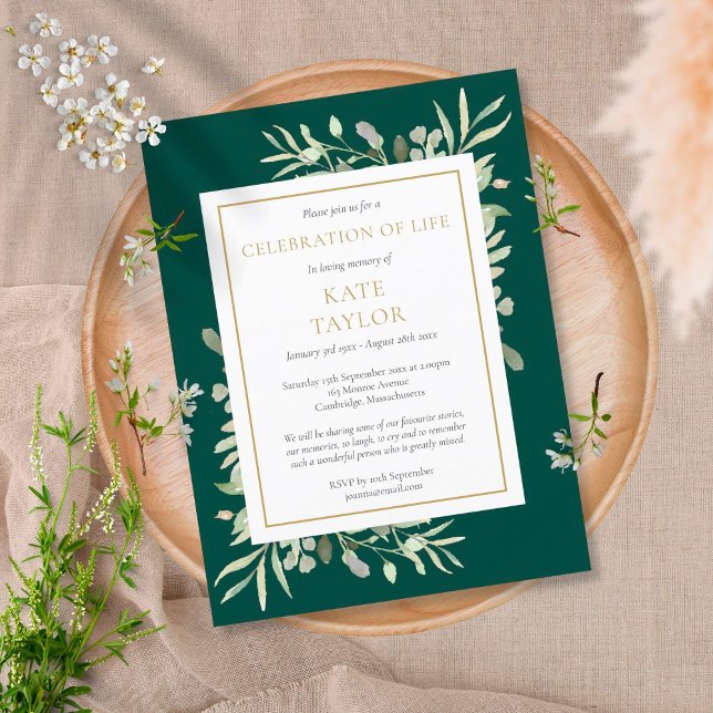 Emerald Gold Greenery Celebration of Life Funeral Announcement Postcard (Creator Uploaded)