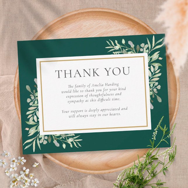 Emerald Gold Greenery Funeral Memorial Thank You Card (Creator Uploaded)