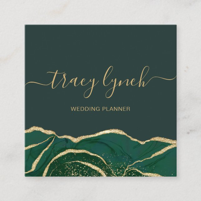 Emerald Gold  Handwritten Script Calligraphy Square Business Card (Front)