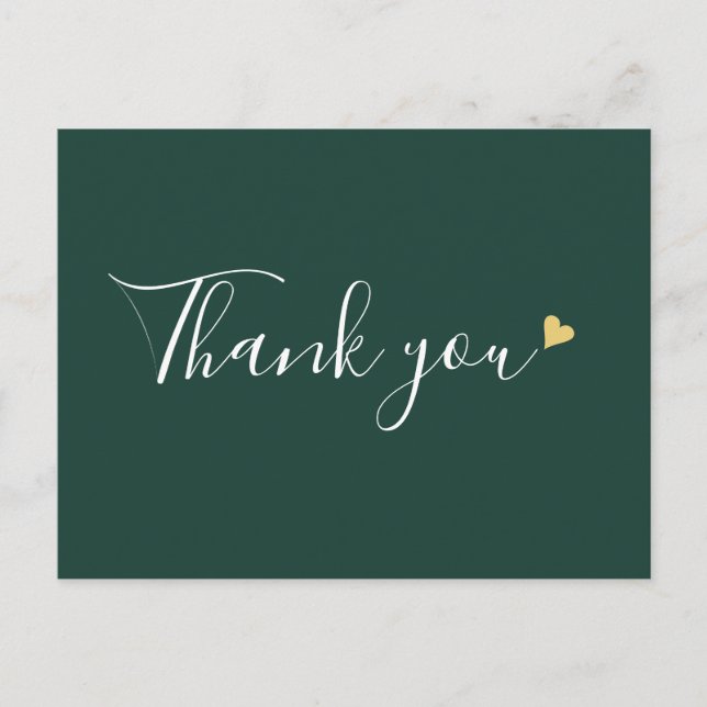 Emerald Gold Heart Script Business Thank You Postcard (Front)