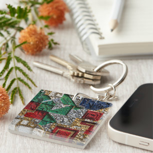 Emerald Gold Ivory Red Blue Giant Square Mosaic Key Ring