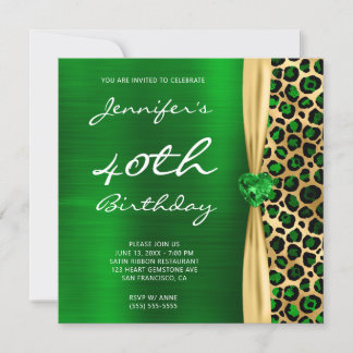 Emerald Gold Leopard Foil Gem Ribbon 40th Birthday Invitation