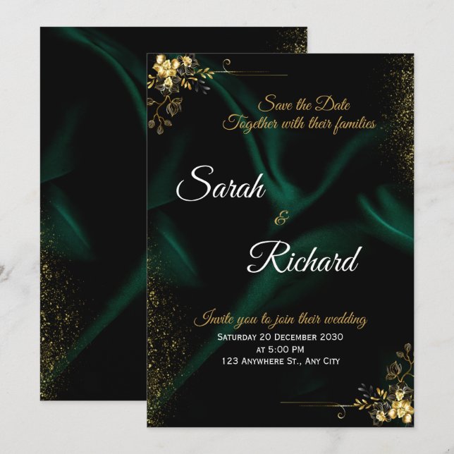 Emerald Gold Luxury Wedding Invitation (Front/Back)