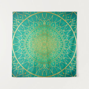 Emerald Gold Mandala Green Tapestry