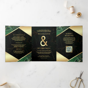 Emerald Gold Marble Ampersand QR Code Wedding Tri-Fold Invitation