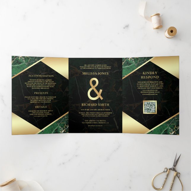 Emerald Gold Marble Ampersand QR Code Wedding Tri-Fold Invitation (Inside)