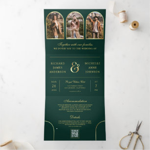Emerald Gold Minimal Arch Photo QR code Wedding Tri-Fold Invitation