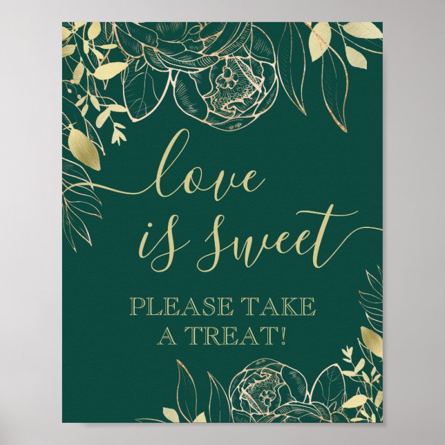 Emerald & Gold Modern Floral Sweet Favour Table Poster (Front)