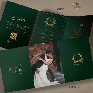 Emerald & Gold Monogram Photo QR Code RSVP Details Tri-Fold Card