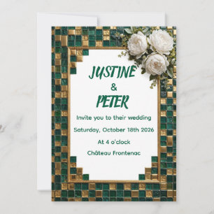 Emerald Gold Mosaic Wedding Invitation White Peony