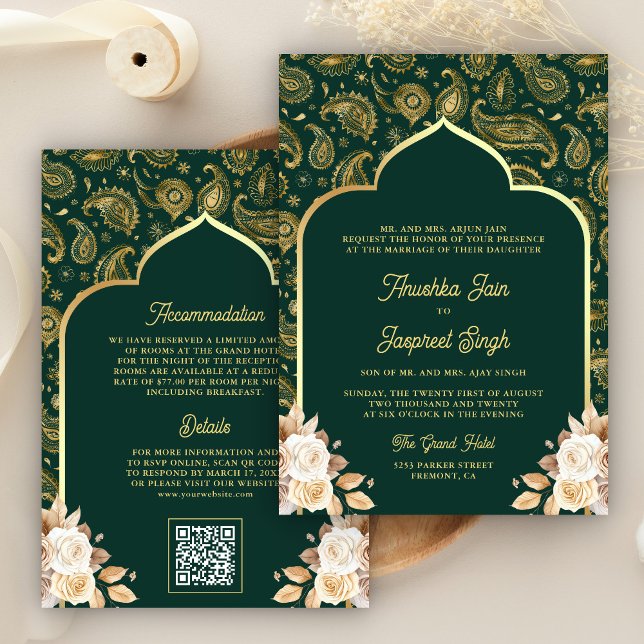 Emerald Gold Paisley Floral QR Code Indian Wedding Invitation (Creator Uploaded)