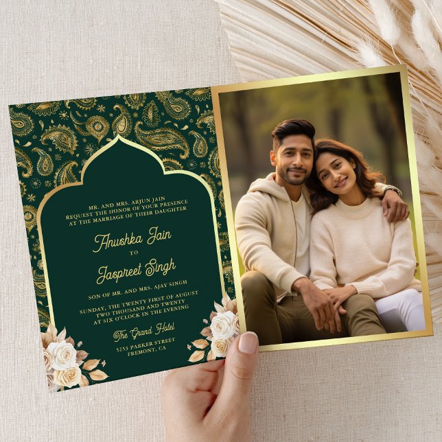 Emerald Gold Paisley Floral QR Code Indian Wedding Invitation (Inside)