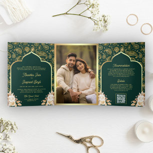 Emerald Gold Paisley Floral QR Code Indian Wedding Tri-Fold Invitation