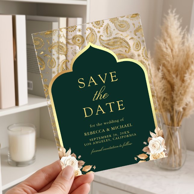Emerald Gold Paisley Indian Wedding Save the Date Acrylic Invitations (Creator Uploaded)