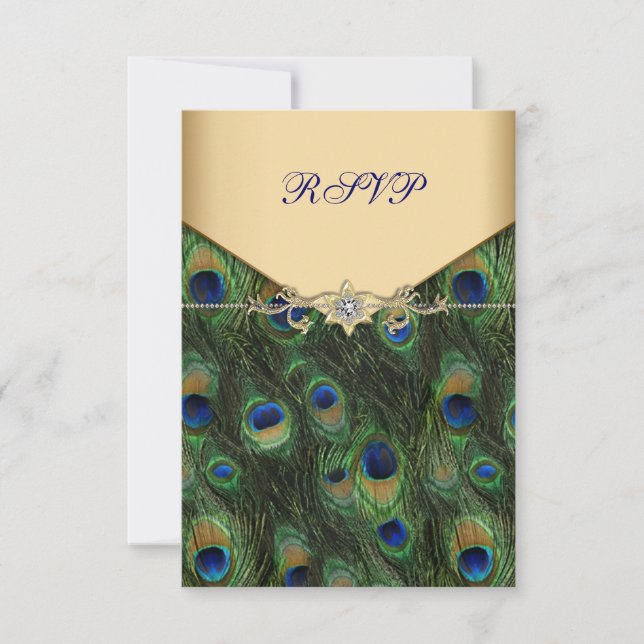 Emerald Gold Peacock Wedding RSVP Card (Front)