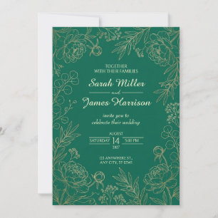 Emerald Gold Peony Border Wedding Invitation