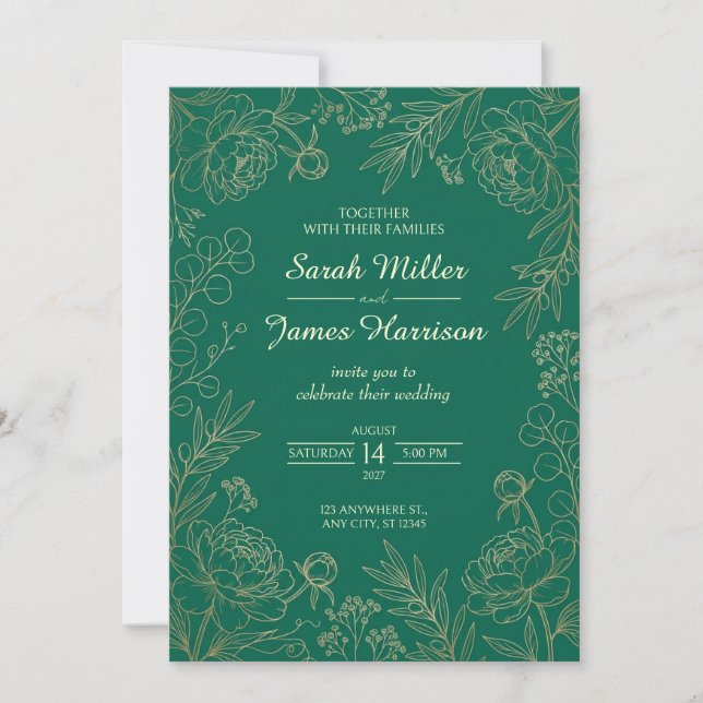 Emerald Gold Peony Border Wedding Invitation (Front)